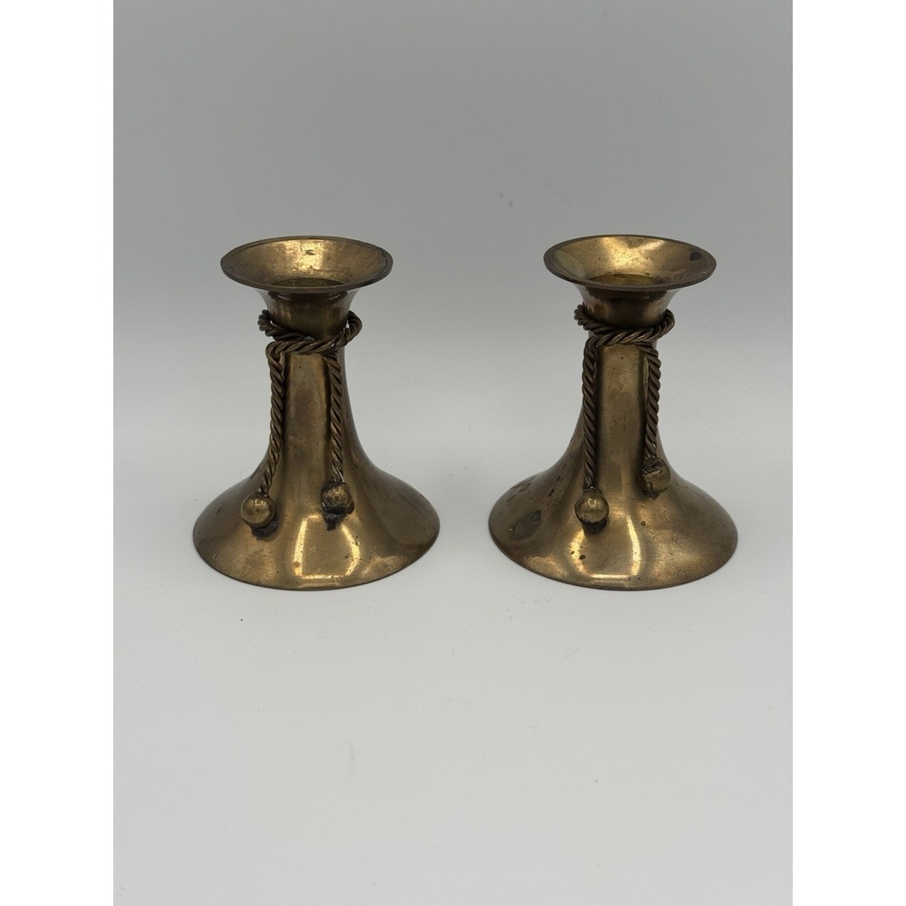 Pair Of Vintage 3" Tall Brass Candle Holders With "Rope Accent" Made In India